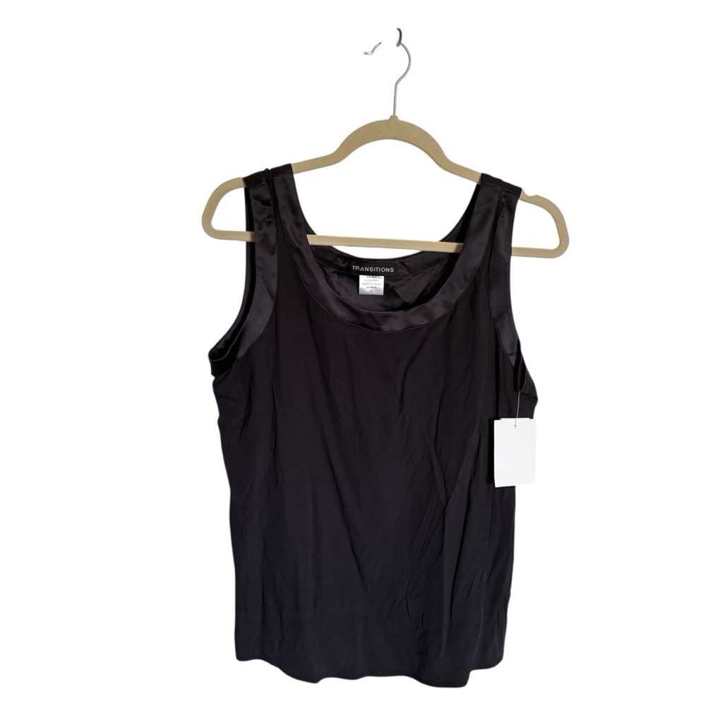 Transitions Large Black Silk Sleeveless Goth Minimalist  Casual Blouse Tank NWT